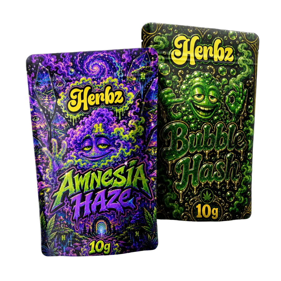 Amnesia Haze och Bubble Hash 20 g THCA-bundle med toppskott och hasch på svart bakgrund