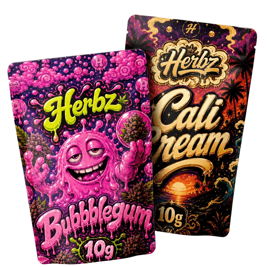 Bubblegum och Cali Cream 20 g THCA-bundle med toppskott och static hash på svart bakgrund