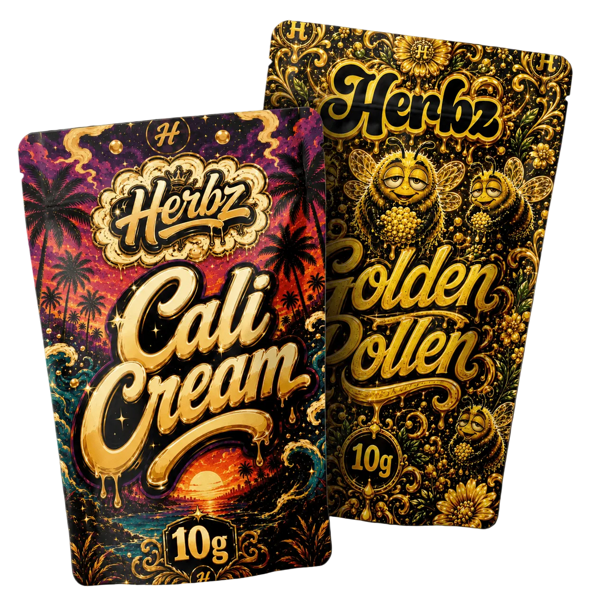 Cali Cream och Golden Pollen 20 g THCA-bundle med två haschvarianter på svart bakgrund