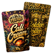 Cali Cream och Golden Pollen 20 g THCA-bundle med två haschvarianter på svart bakgrund