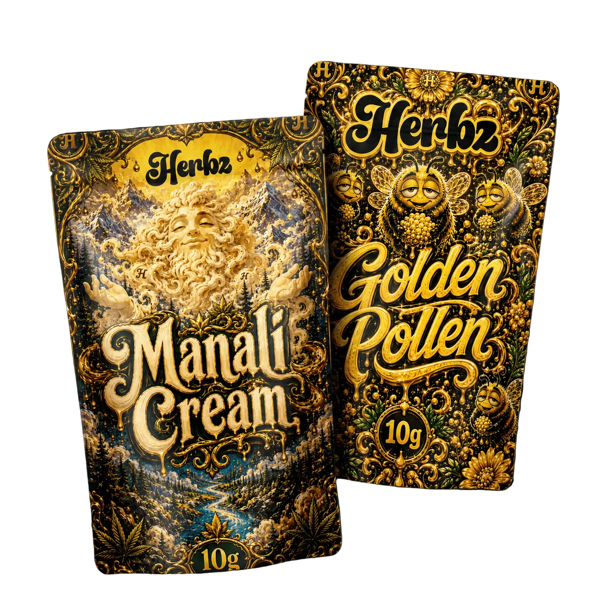 Golden Pollen och Manali Cream 20 g THCA-bundle med två haschvarianter på svart bakgrund