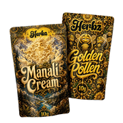 Golden Pollen och Manali Cream 20 g THCA-bundle med två haschvarianter på svart bakgrund