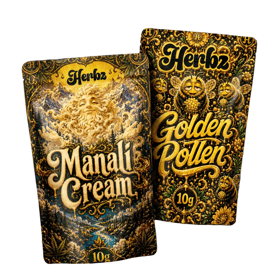 Golden Pollen och Manali Cream 20 g THCA-bundle med två haschvarianter på svart bakgrund