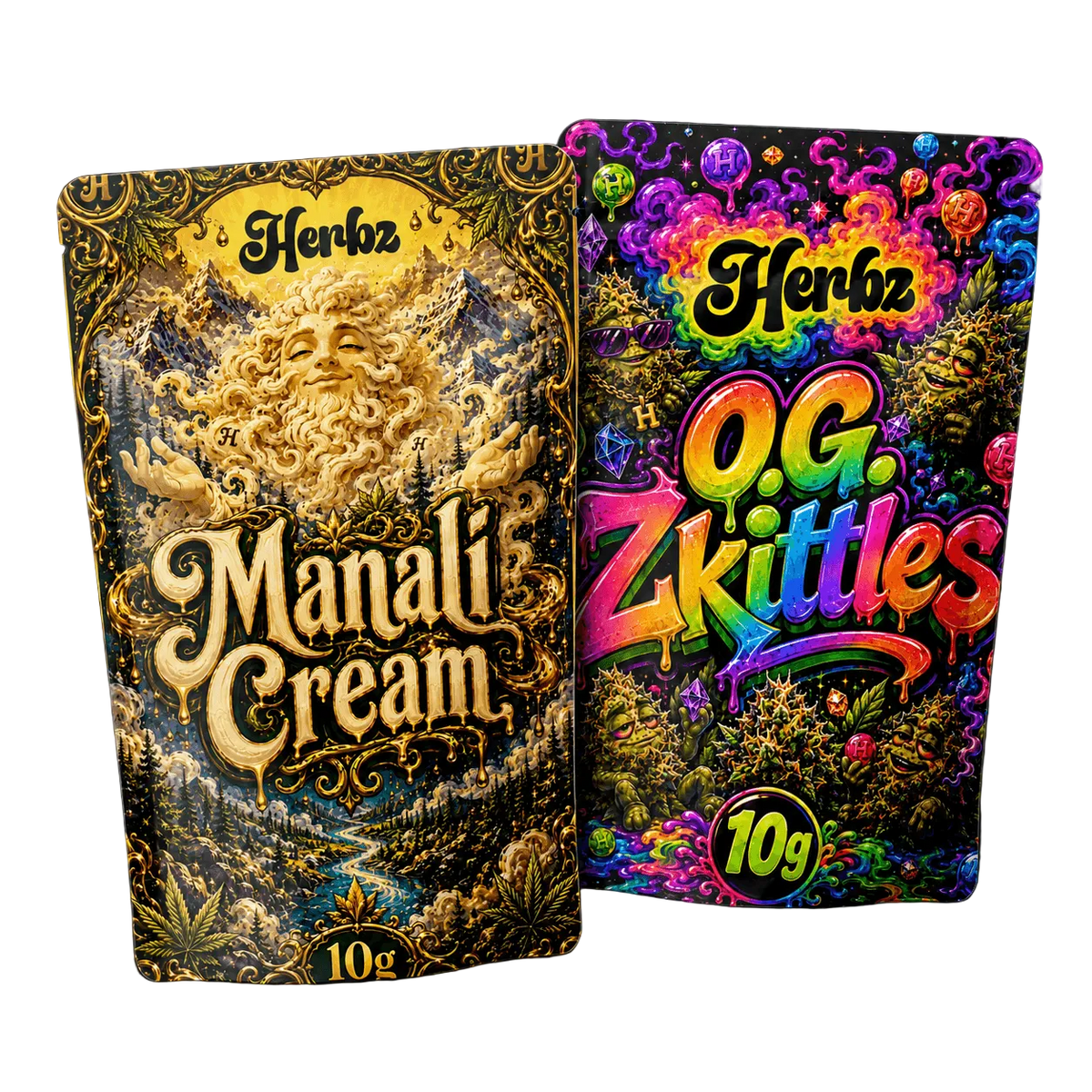 Manali Cream och O.G. Zkittles 20 g THCA-bundle med static hash och toppskott på svart bakgrund
