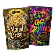 Manali Cream och O.G. Zkittles 20 g THCA-bundle med static hash och toppskott på svart bakgrund
