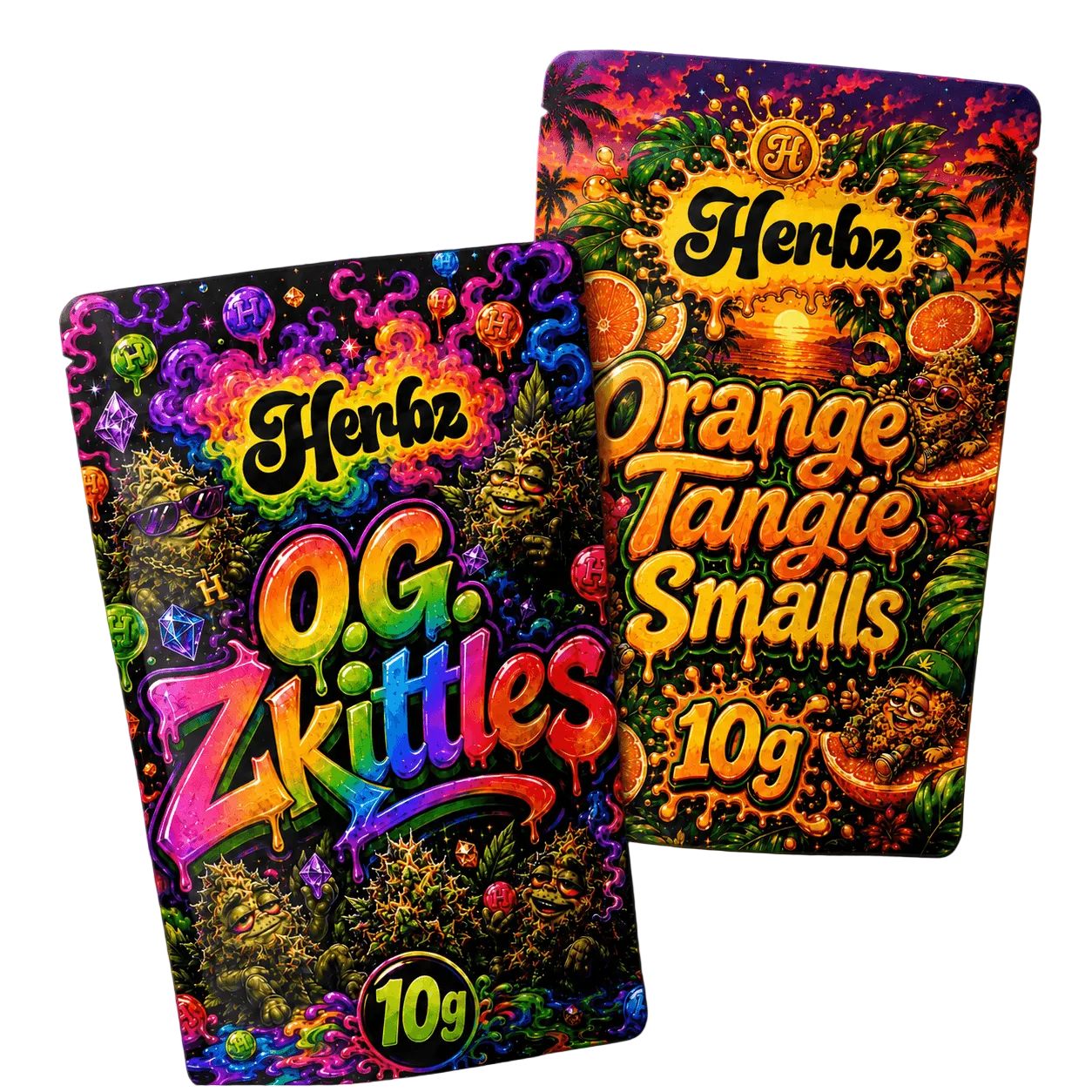 O.G. Zkittles och Orange Tangie Smalls 20 g THCA-bundle med två flower-produkter på svart bakgrund