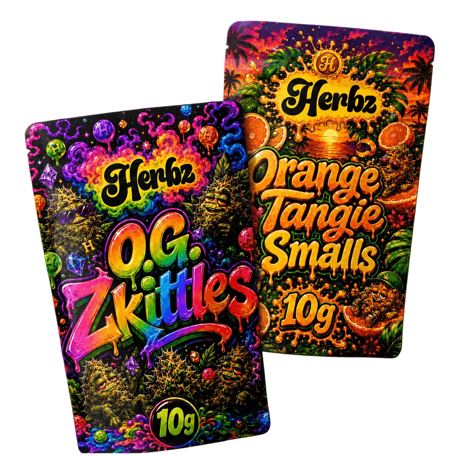 O.G. Zkittles och Orange Tangie Smalls 20 g THCA-bundle med två flower-produkter på svart bakgrund