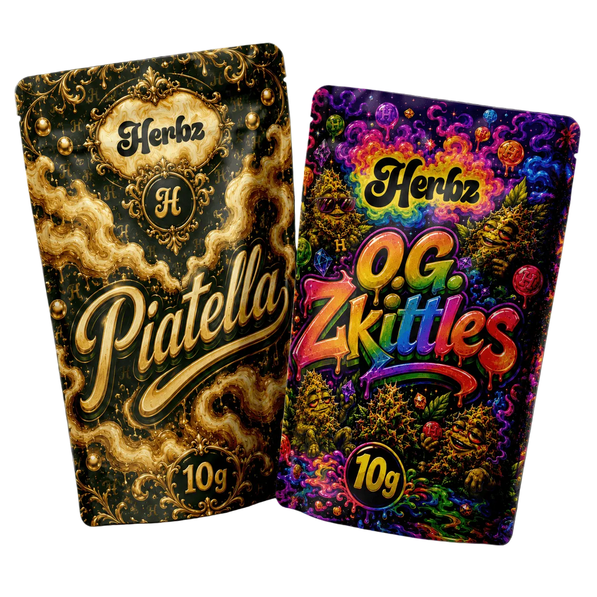 O.G. Zkittles och Orange Tangie Smalls 20 g THCA-bundle med två flower-produkter på svart bakgrund