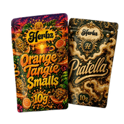 Orange Tangie Smalls och Piatella 20 g THCA-bundle med popcorn buds och ice water hash på svart bakgrund