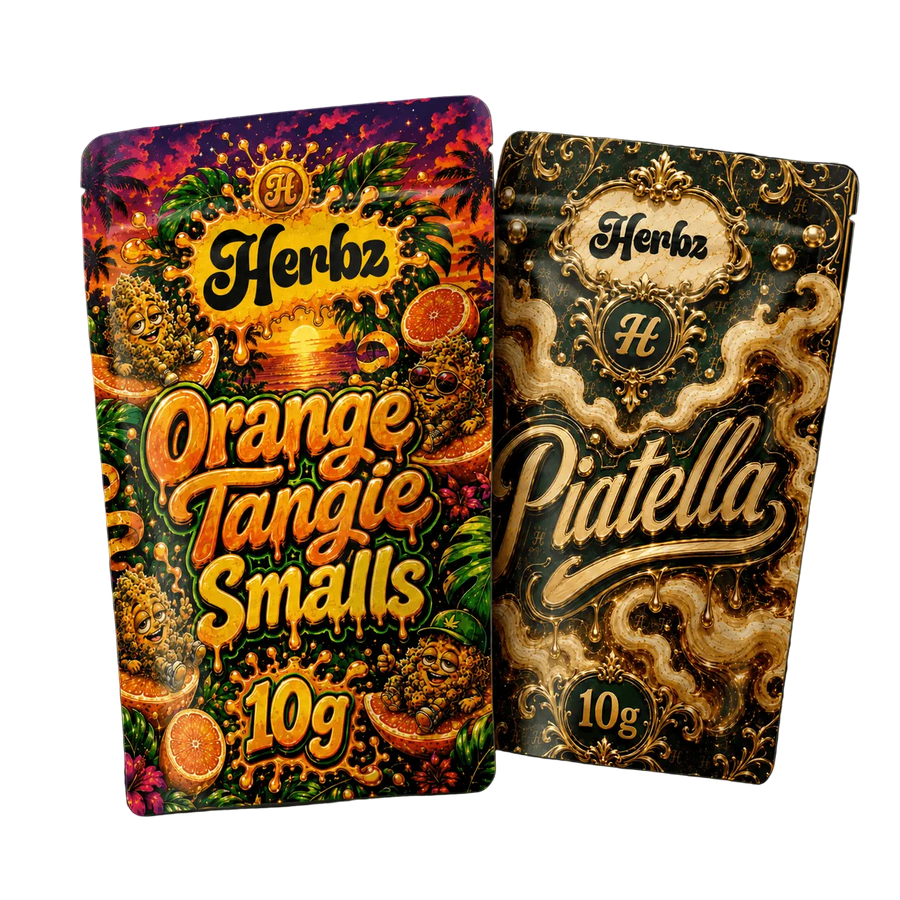 Orange Tangie Smalls och Piatella 20 g THCA-bundle med popcorn buds och ice water hash på svart bakgrund