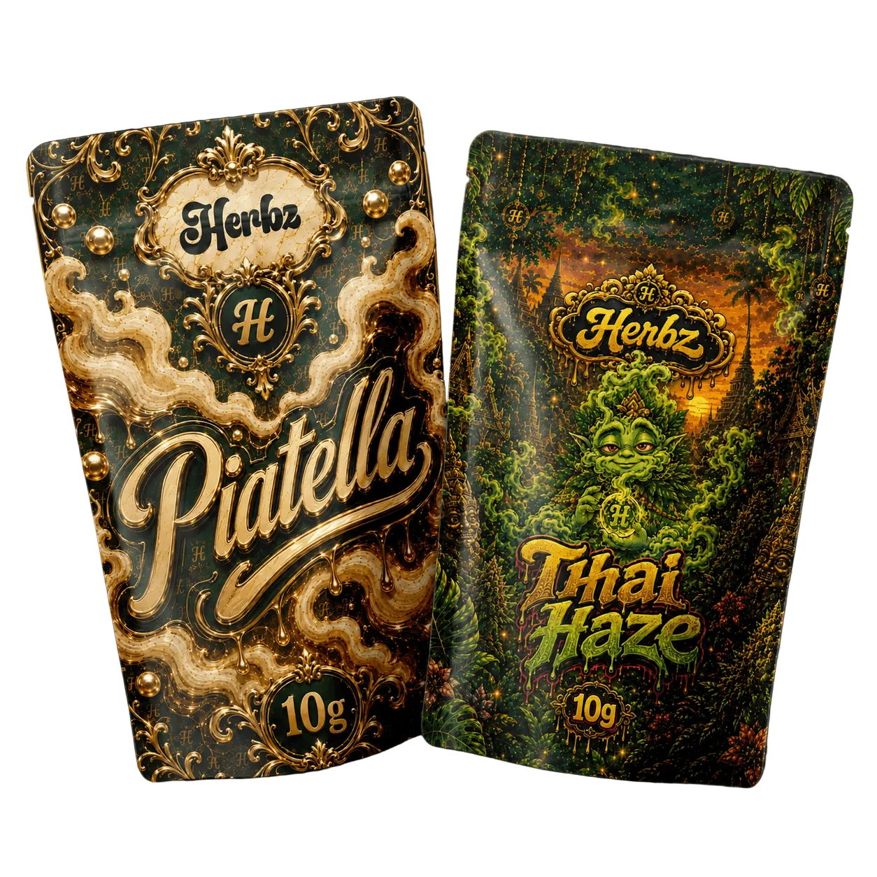 Piatella och Thai Haze 20 g THCA-bundle med ice water hash och toppskott på svart bakgrund