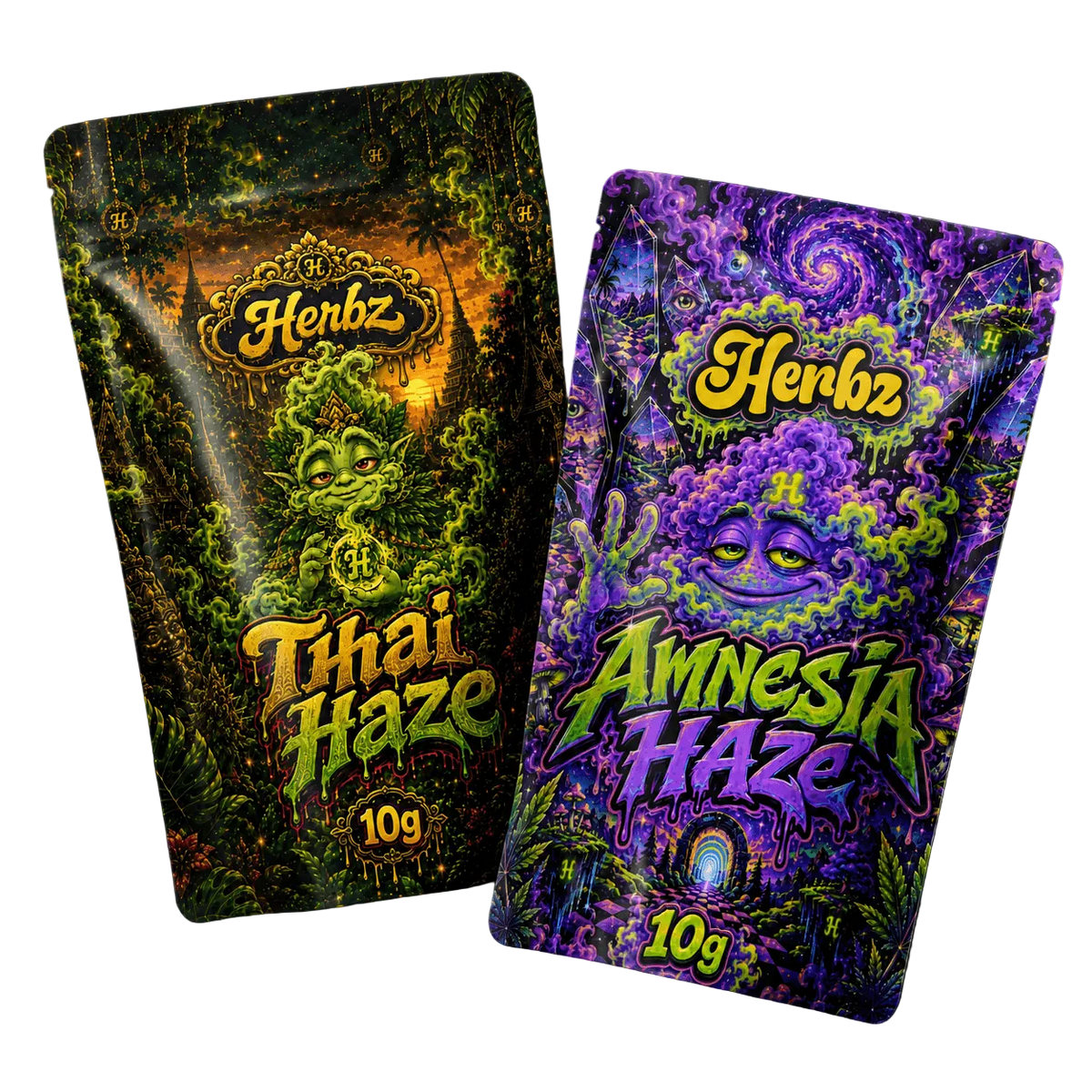 Thai Haze och Amnesia Haze 20 g THCA-bundle med två haze-toppskott på svart bakgrund