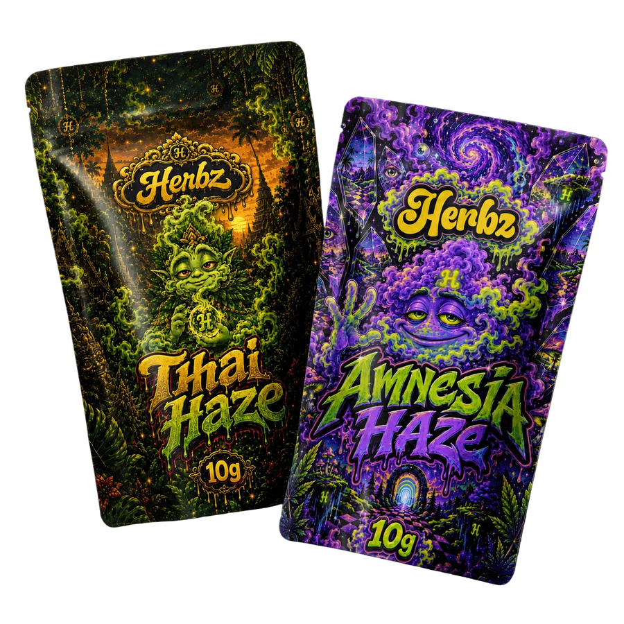 Thai Haze och Amnesia Haze 20 g THCA-bundle med två haze-toppskott på svart bakgrund
