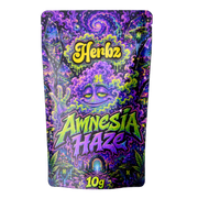 Amnesia Haze 23% THCA toppskott med ljust frostat trichomlager på svart bakgrund