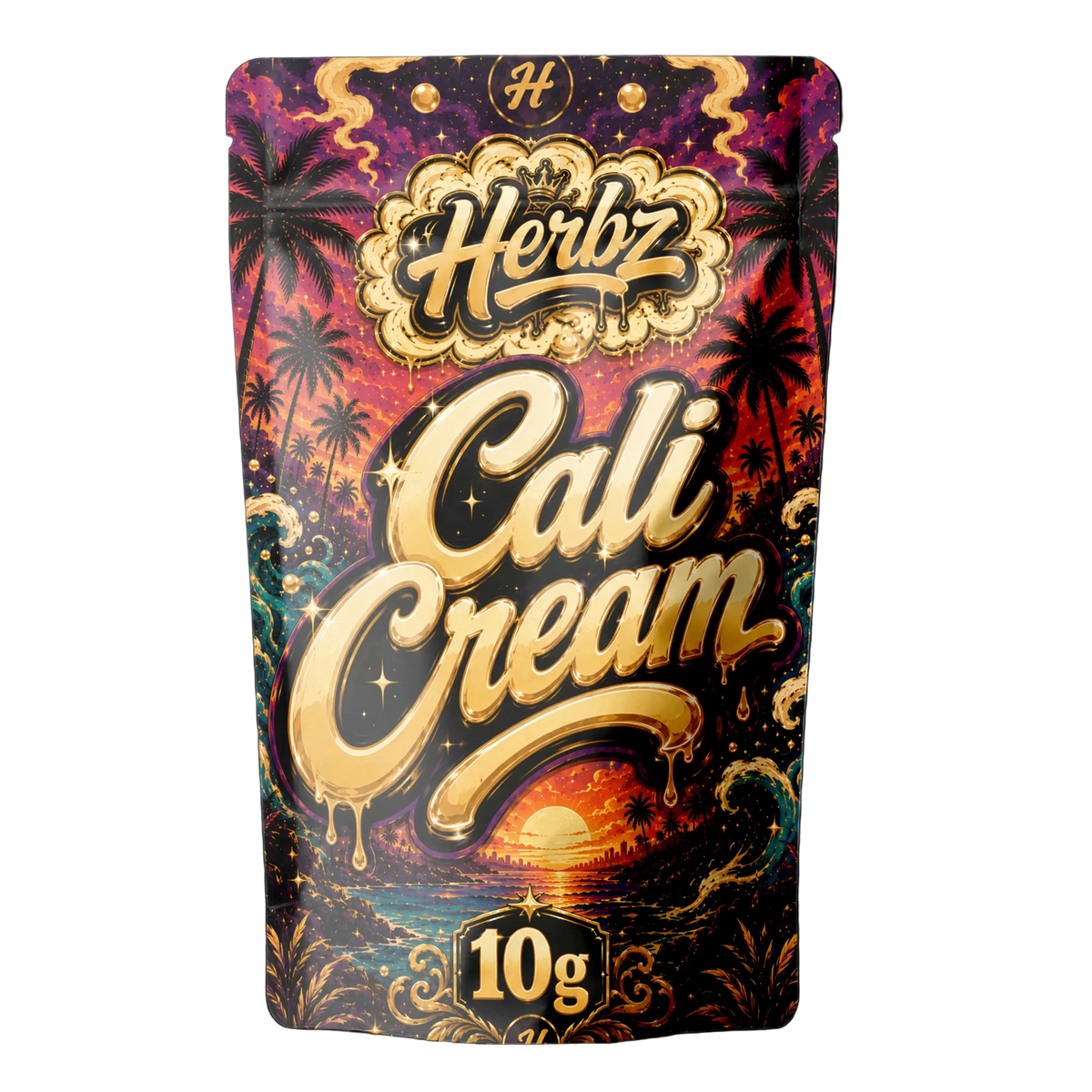 Cali Cream 50% THCA static hash med Herbz-förpackning på svart bakgrund