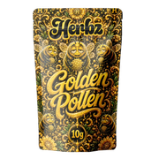 Golden Pollen 30% THCA dry sift-hasch med Herbz-förpackning på svart bakgrund