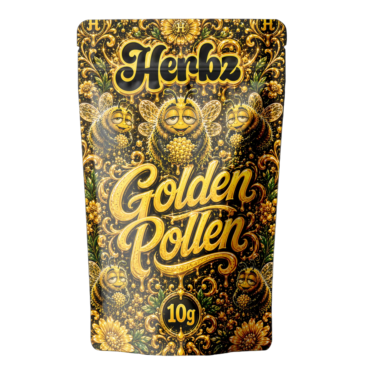Golden Pollen 30% THCA dry sift-hasch med Herbz-förpackning på svart bakgrund