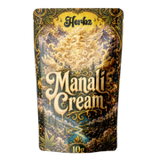 Manali Cream 40% THCA static hash med mörk resinrik struktur på svart bakgrund