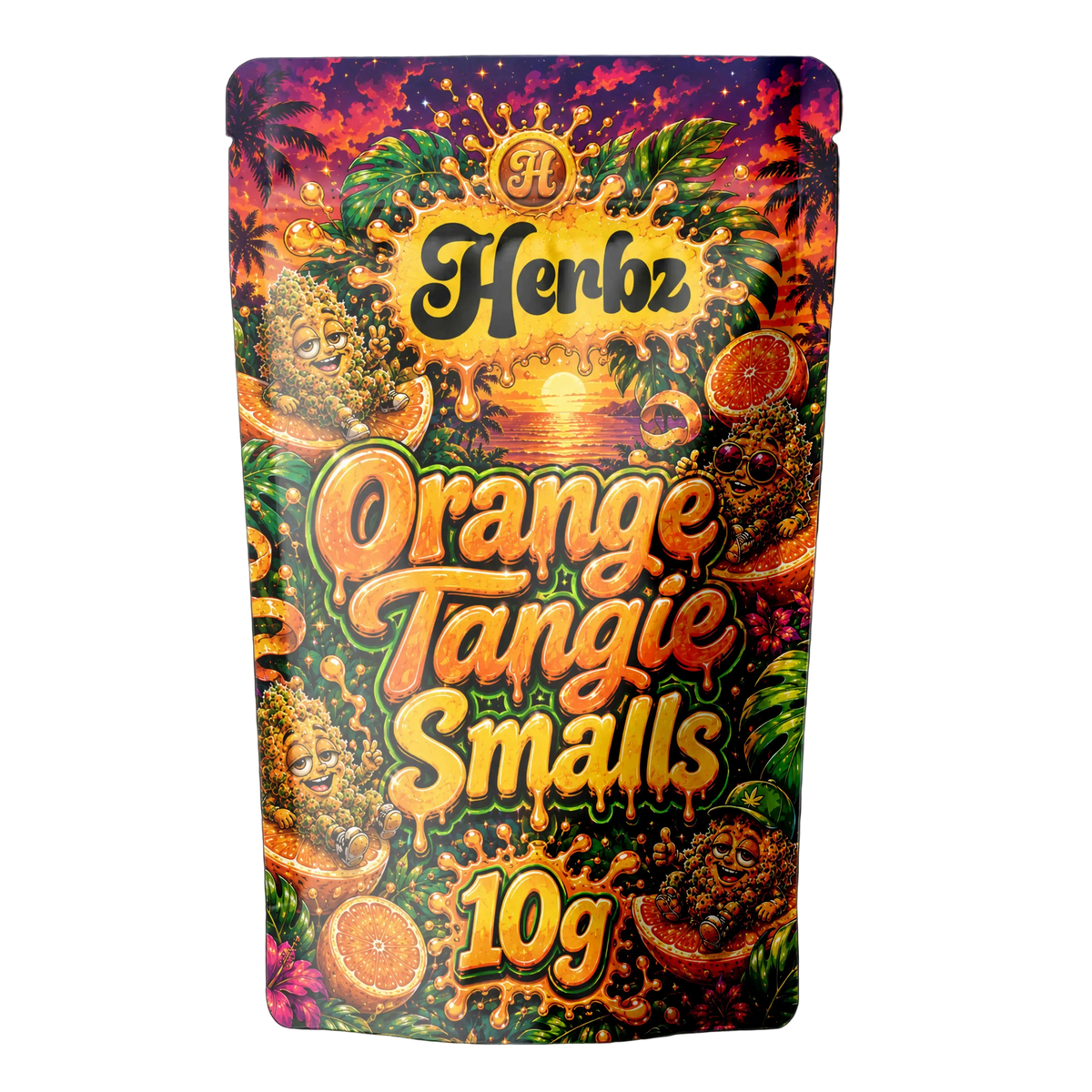 Orange Tangie Smalls 22% THCA popcorn buds med frostat trichomlager på svart bakgrund

