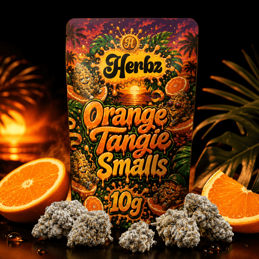 Närbild av Orange Tangie Smalls 22% THCA med gröna nyanser och orange pistiller