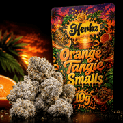Herbz Orange Tangie Smalls-förpackning med orange och tropisk design