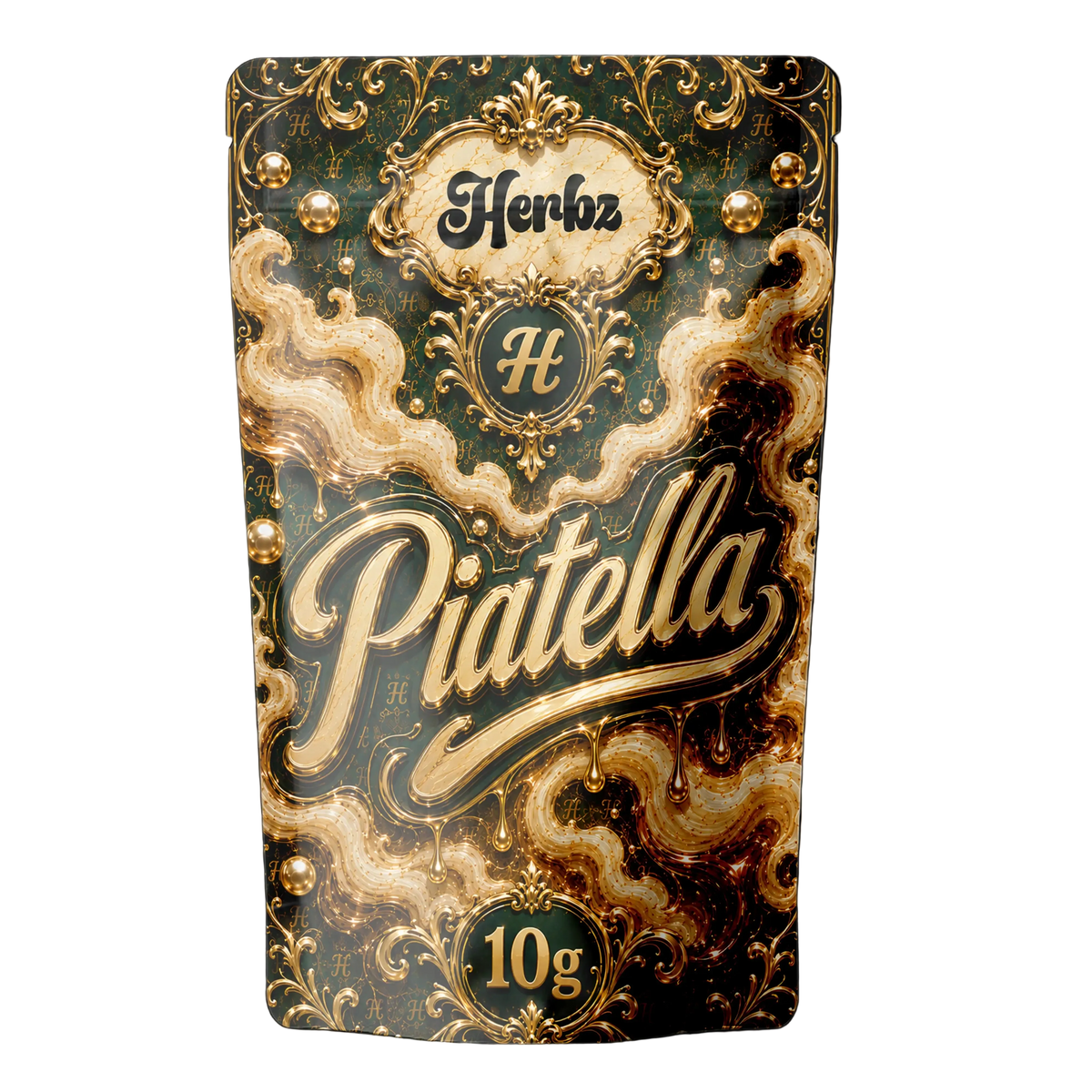 Piatella 60% THCA ice water-hasch med ljust gyllene färg och Herbz-förpackning