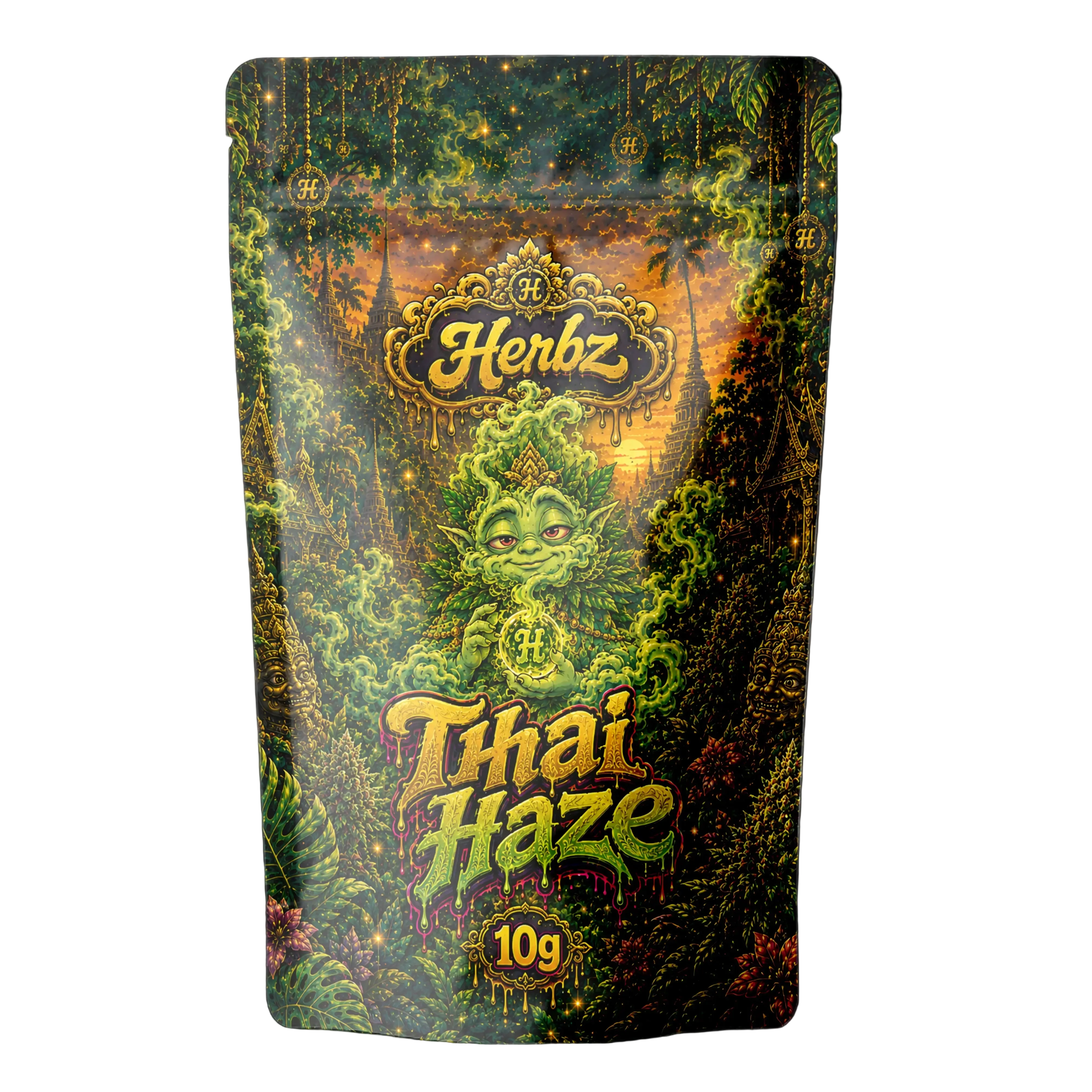 Thai Haze 23% THCA toppskott med kraftigt frostat trichomlager på svart bakgrund