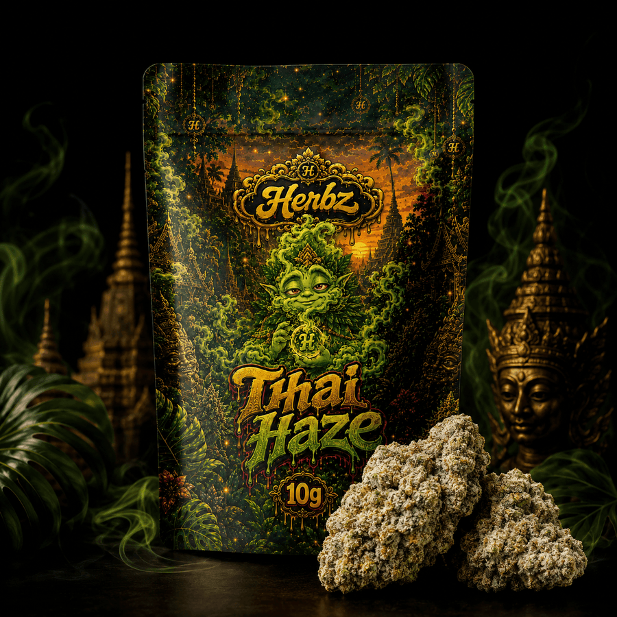 Närbild av Thai Haze 23% THCA med ljusgröna nyanser och orange pistiller
